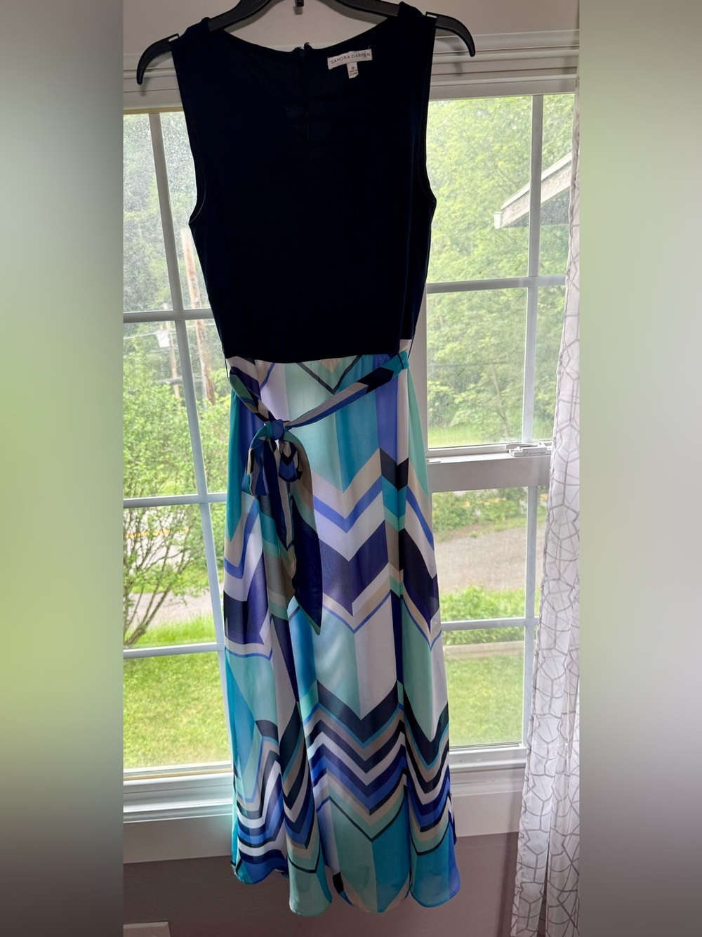 Sandra Darren Sleeveless Black Top Maxi Dress with Blue Chevron Skirt